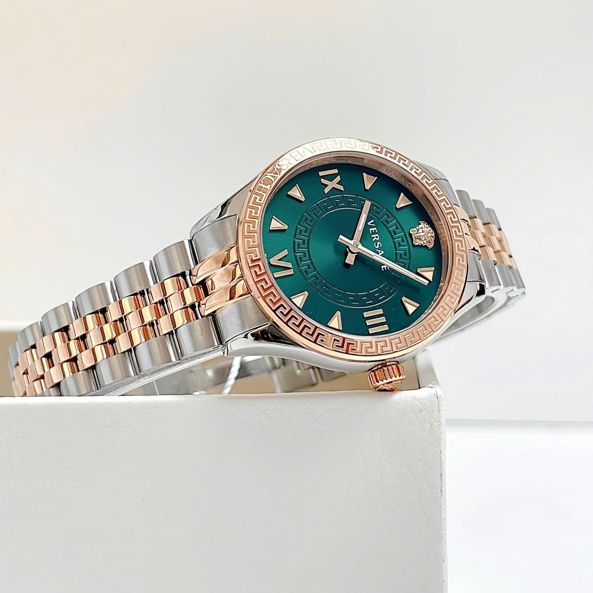  Shop Authentic Versace Hellenyium Quartz Green Dial Two Tone Steel Strap Watch for Women - VE2S00422 - Luxxuri