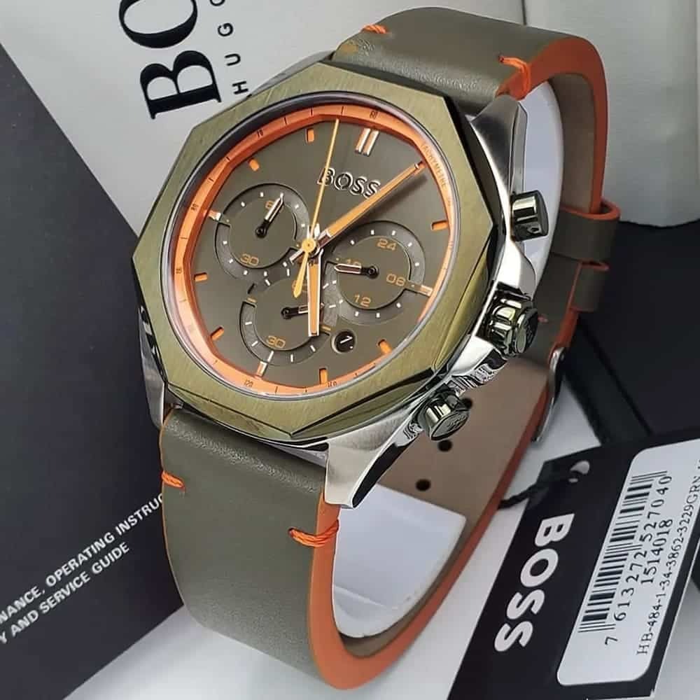  Shop Authentic Hugo Boss Cloud Chronograph Olive Green Dial Green Leather Strap Watch for Men - 1514018 - Luxxuri