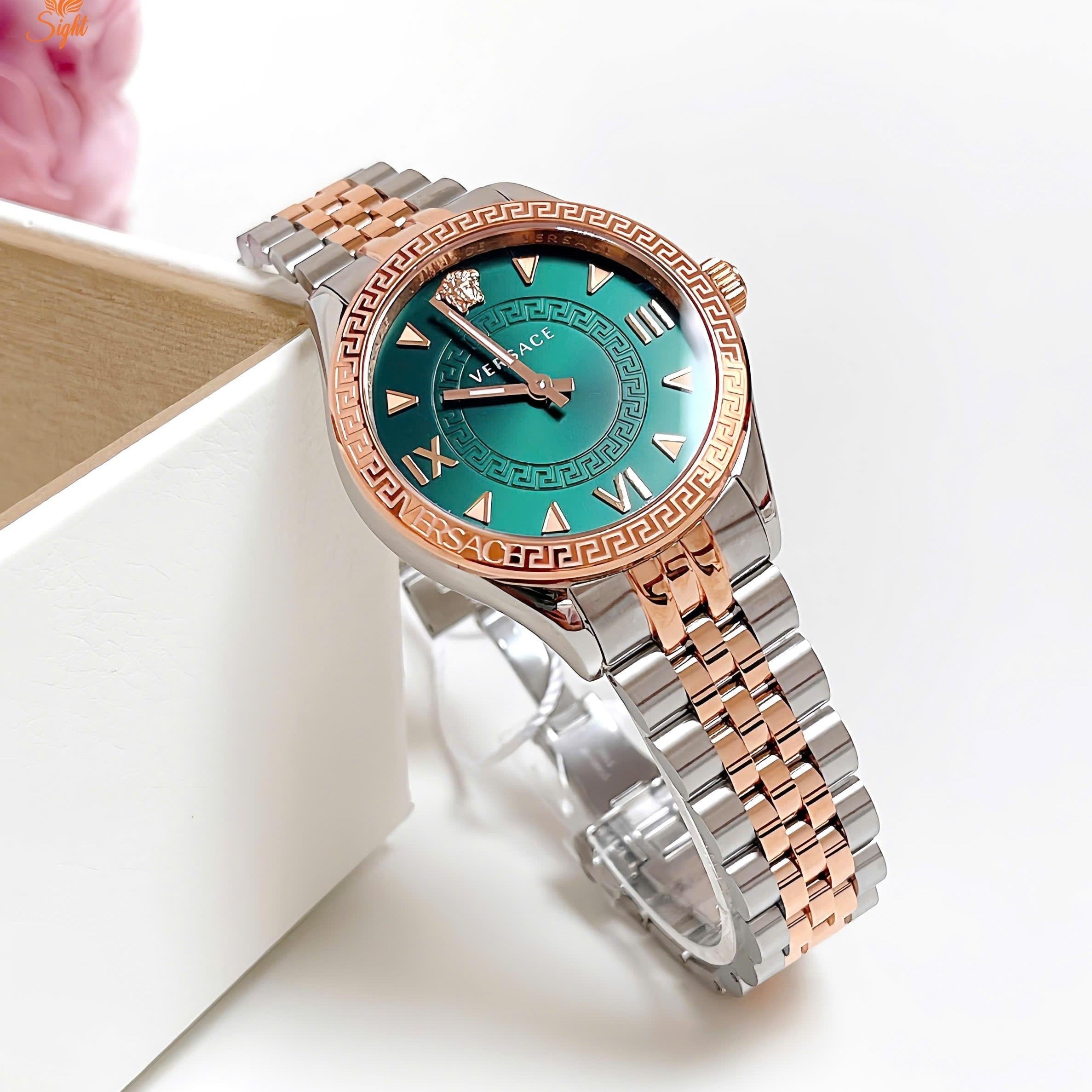 Versace Hellenyium Quartz Green Dial Two Tone Steel Strap Watch for Women - VE2S00422