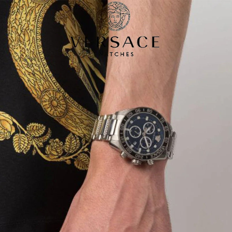  Shop Authentic Versace Greca Dome Chronograph Blue Dial Silver Steel Strap Watch for Men - VE6K00323 - Luxxuri
