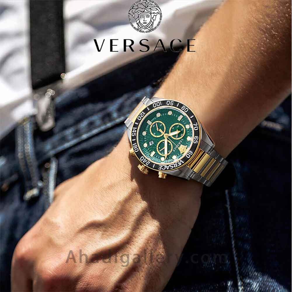 Versace Greca Dome Chronograph Green Dial Two Tone Steel Strap Watch for Men - VE6K00423