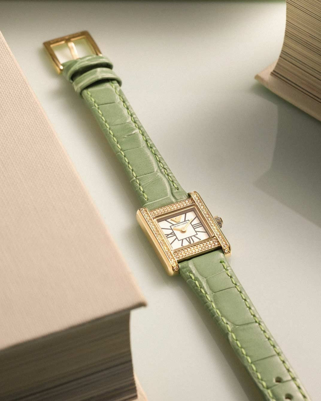  Shop Authentic Emporio Armani Classic White Dial Green Leather Strap Watch for Women - AR11661 - Luxxuri