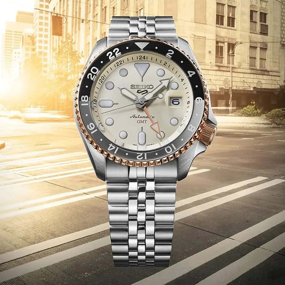  Shop Authentic Seiko 5 GMT Sport Asia Exclusive Limited Edition Off White Dial Silver Steel Strap Watch for Men - SSK046K1 - Luxxuri