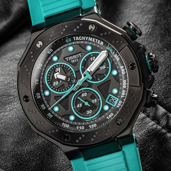 Tissot T Race Chronograph Black Dial Green Rubber Strap Watch for Men - T141.417.37.051.01