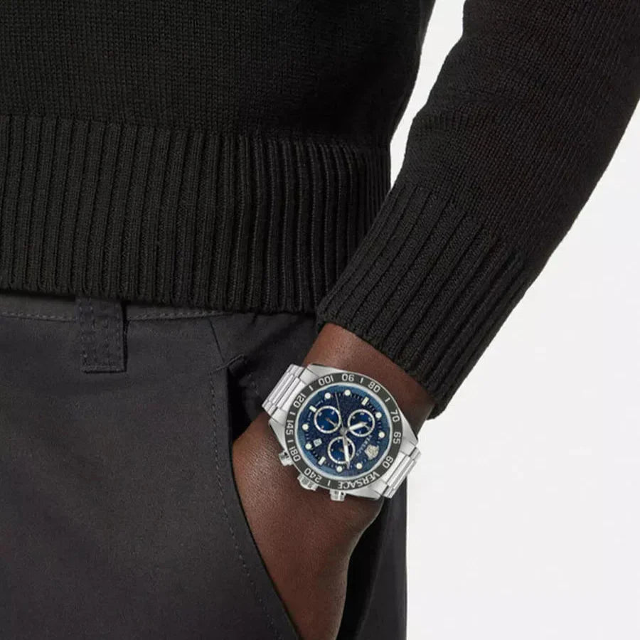 Versace Greca Dome Chronograph Blue Dial Silver Steel Strap Watch for Men - VE6K00323