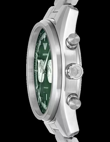Emporio Armani Racer Chronograph Green Dial Silver Steel Strap Watch for Men - AR11637