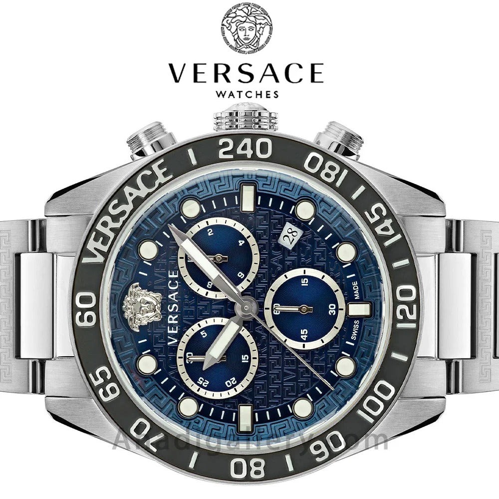  Shop Authentic Versace Greca Dome Chronograph Blue Dial Silver Steel Strap Watch for Men - VE6K00323 - Luxxuri