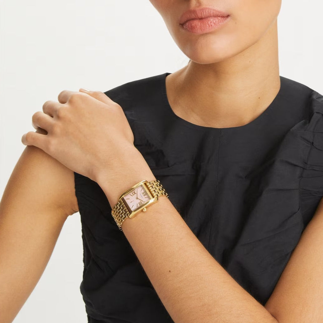 Tory Burch Eleanor Mother of Pearl Pink Dial Gold Steel Strap Watch for Women - TBW1077