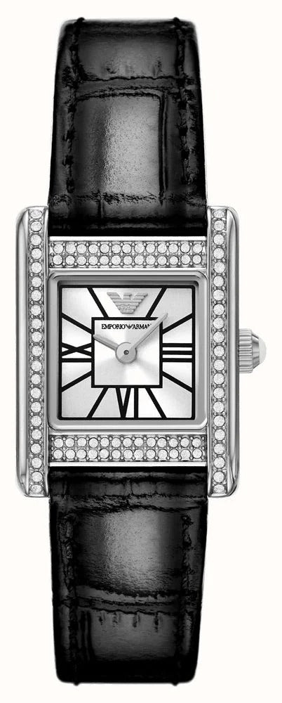  Shop Authentic Emporio Armani Classic Crystals Silver Dial Black Leather Strap Watch for Women - AR11660 - Luxxuri
