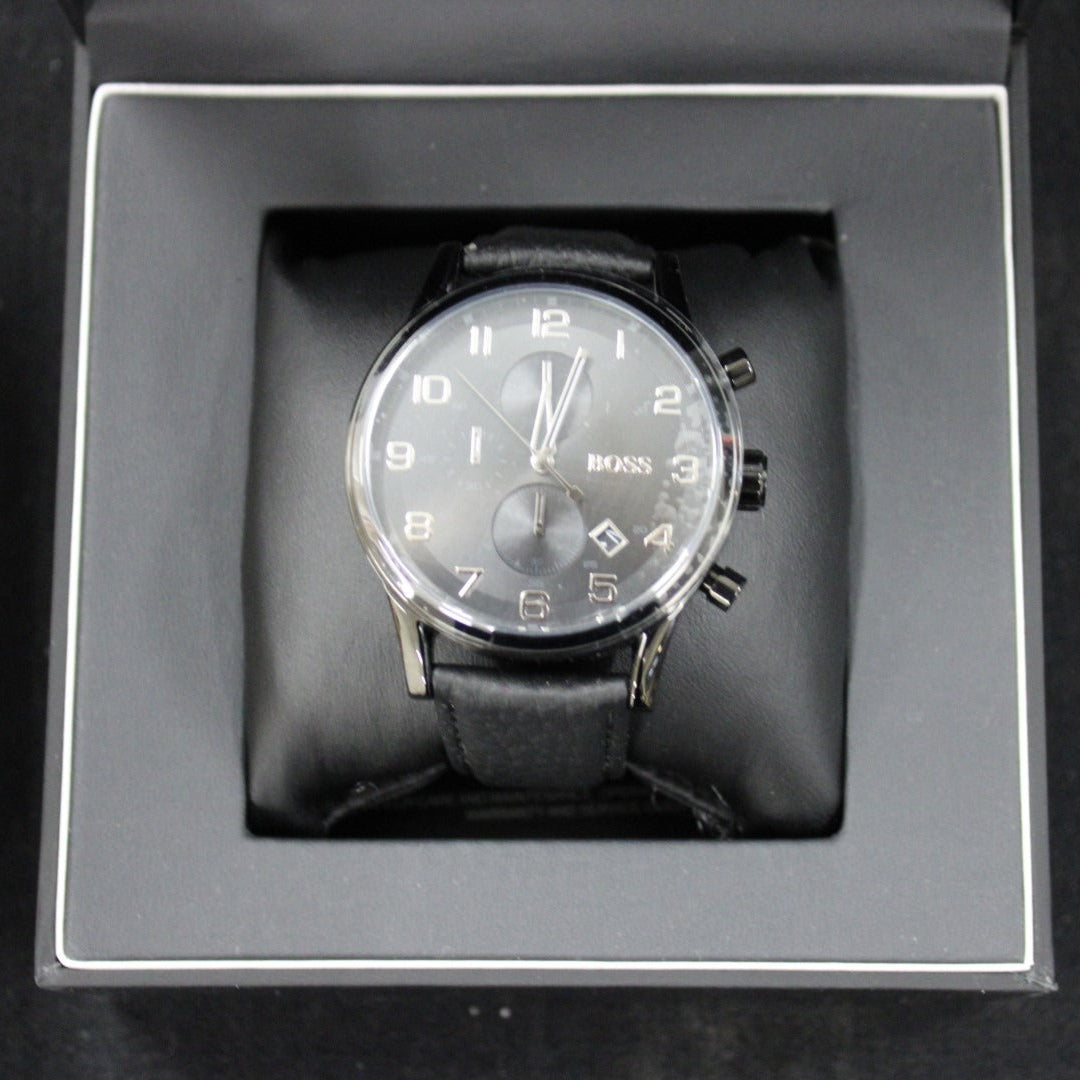  Shop Authentic Hugo Boss Aeroliner Chronograph Black Dial Black Leather Strap Watch for Men - 1512567 - Luxxuri