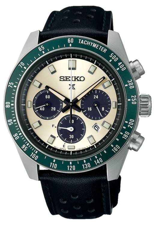 Seiko Prospex Speedtimer Solar Chronograph Ivory Dial Black Leather Strap Watch for Men - SSC943