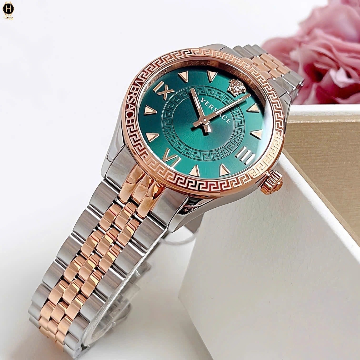 Versace Hellenyium Quartz Green Dial Two Tone Steel Strap Watch for Women - VE2S00422