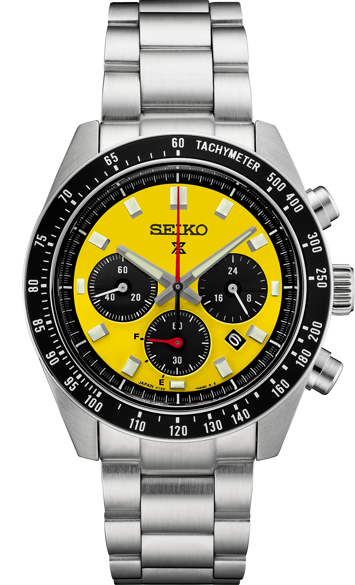 Seiko Prospex Speedtimer Solar Chronograph Yellow Dial Silver Steel Strap Watch for Men - SSC929