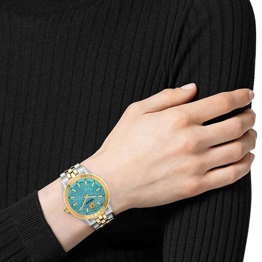 Versace V-Code Analog Turquoise Dial Two Tone Steel Strap Watch for Women - VE8I00524