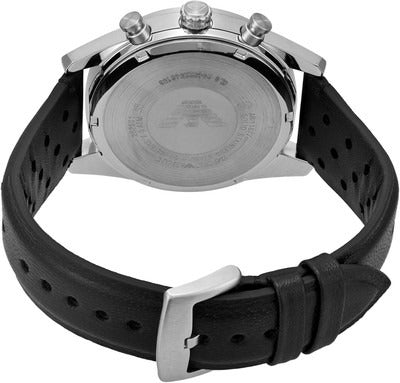Emporio Armani Racer Chronograph Silver Dial Black Leather Strap Watch for Men - AR11677