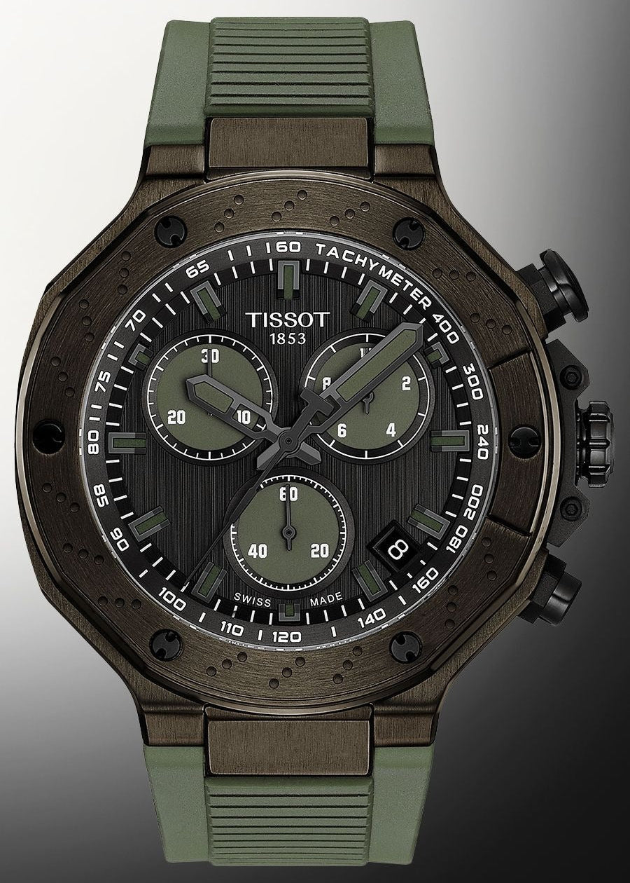 Tissot T Race Chronograph Black Dial Green Rubber Strap Watch for Men - T141.417.37.061.02
