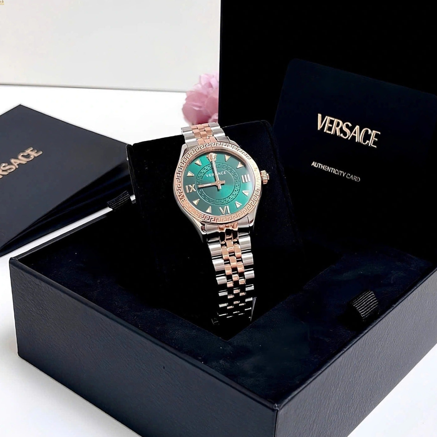  Shop Authentic Versace Hellenyium Quartz Green Dial Two Tone Steel Strap Watch for Women - VE2S00422 - Luxxuri