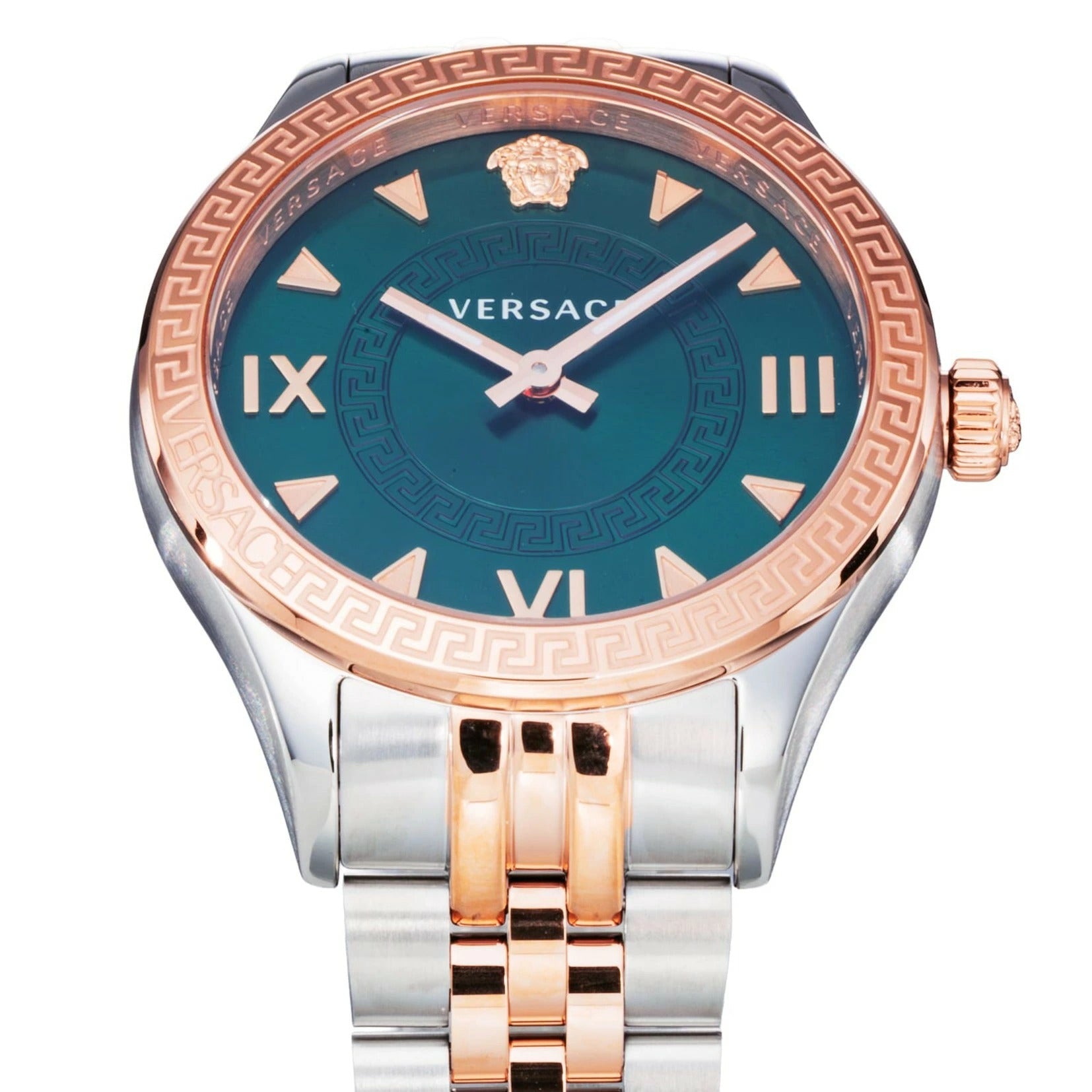 Shop Authentic Versace Hellenyium Quartz Green Dial Two Tone Steel Strap Watch for Women - VE2S00422 - Luxxuri