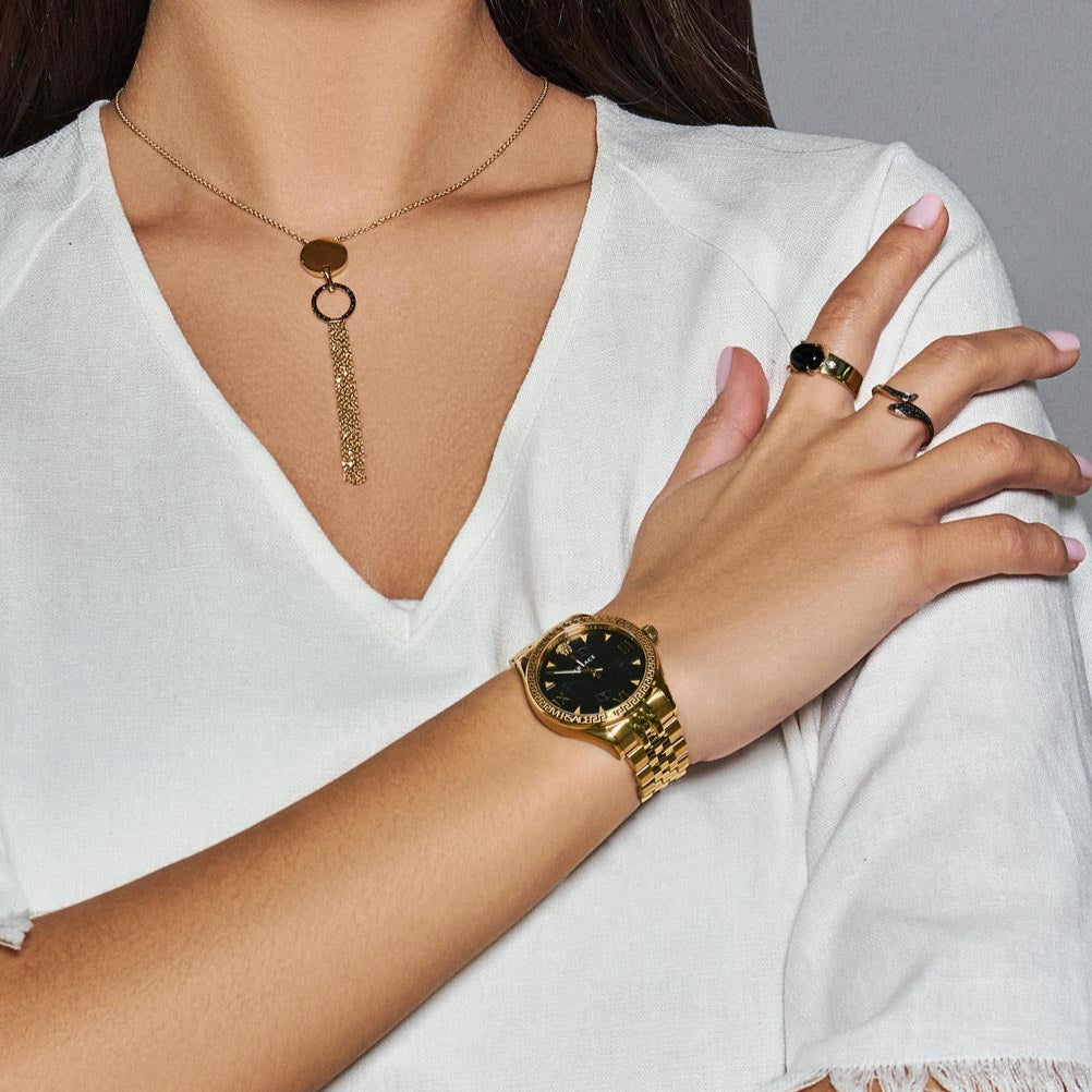  Shop Authentic Versace Hellenyium Quartz Black Dial Gold Steel Strap Watch for Women - VE2S00622 - Luxxuri