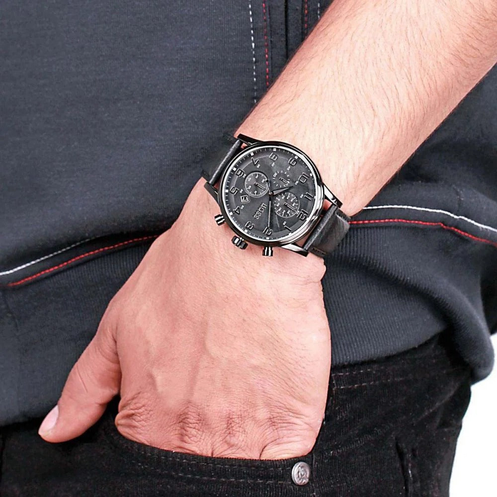  Shop Authentic Hugo Boss Aeroliner Chronograph Black Dial Black Leather Strap Watch for Men - 1512567 - Luxxuri