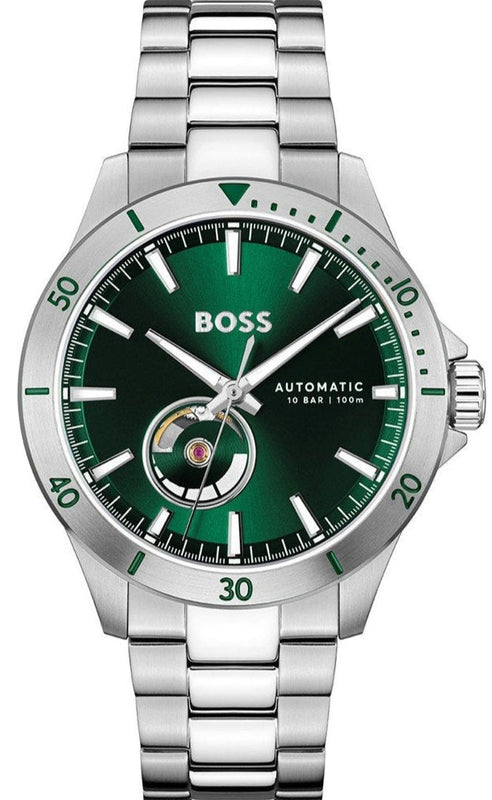  Shop Authentic Hugo Boss Troper Automatic Chronograph Green Dial Silver Steel Strap Watch for Men - 1514200 - Luxxuri