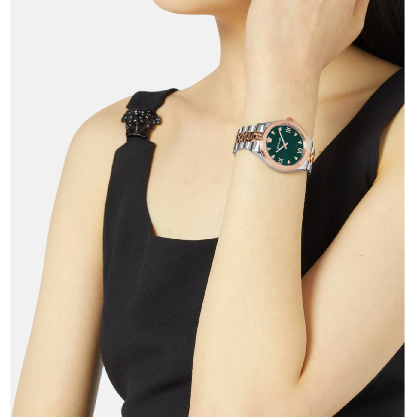  Shop Authentic Versace Hellenyium Quartz Green Dial Two Tone Steel Strap Watch for Women - VE2S00422 - Luxxuri