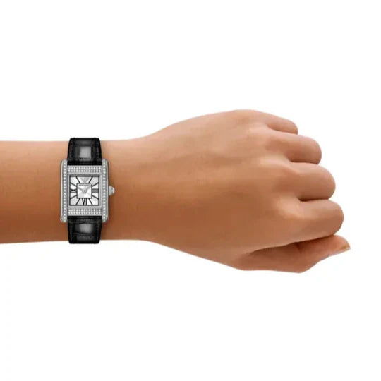  Shop Authentic Emporio Armani Classic Crystals Silver Dial Black Leather Strap Watch for Women - AR11660 - Luxxuri