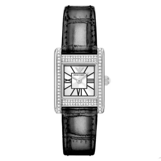 Emporio Armani Classic Crystals Silver Dial Black Leather Strap Watch for Women - AR11660