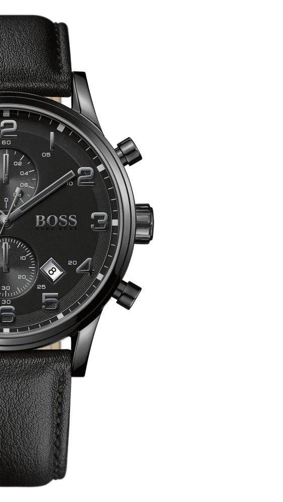Hugo Boss Aeroliner Chronograph Black Dial Black Leather Strap Watch for Men - 1512567