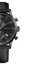  Shop Authentic Hugo Boss Aeroliner Chronograph Black Dial Black Leather Strap Watch for Men - 1512567 - Luxxuri