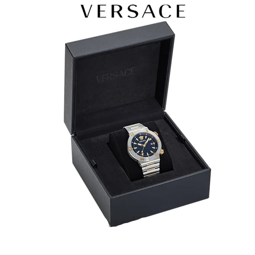 Versace Greca Logo Diver Quartz Black Dial Two Tone Steel Strap Watch for Men - VE8G00424