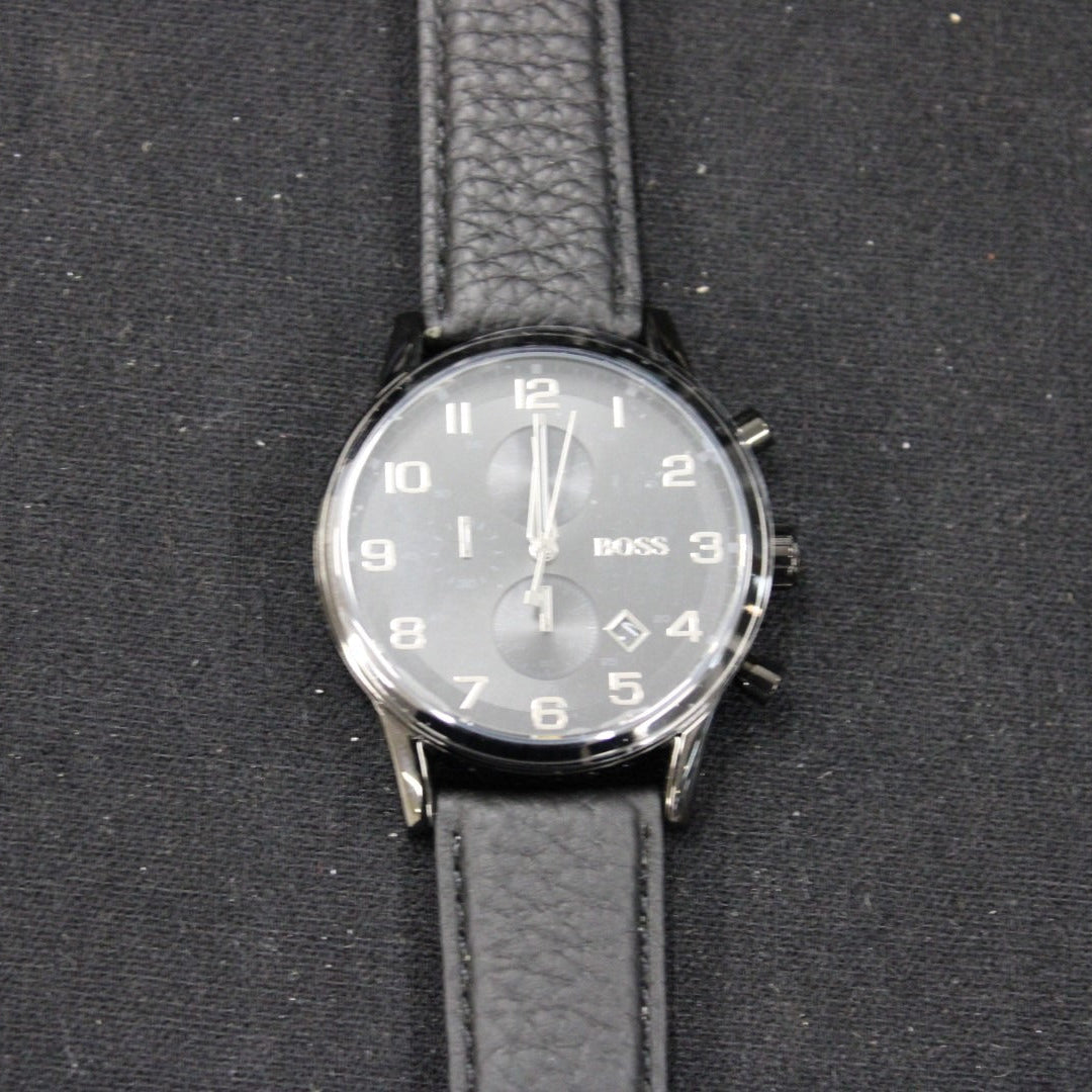  Shop Authentic Hugo Boss Aeroliner Chronograph Black Dial Black Leather Strap Watch for Men - 1512567 - Luxxuri
