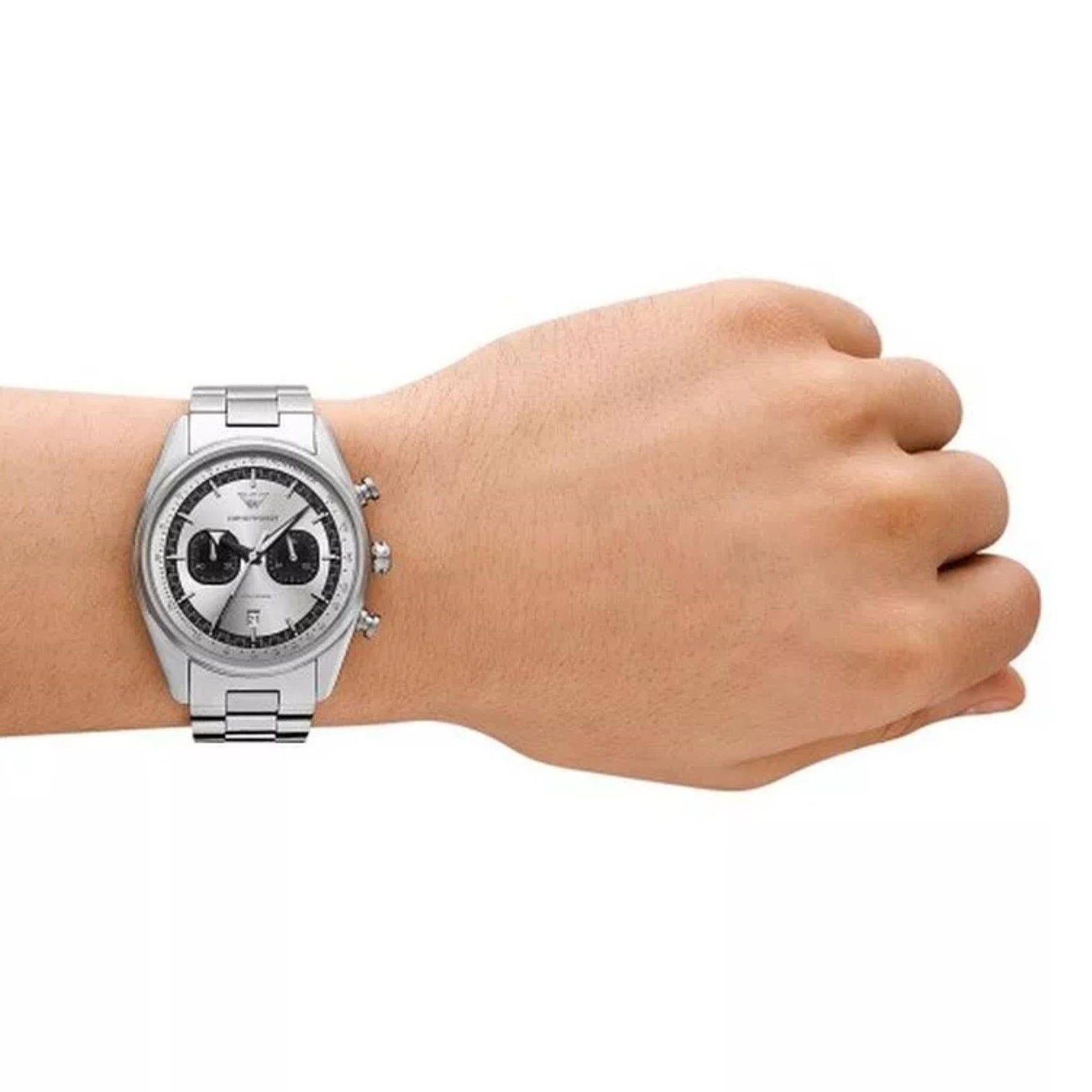 Emporio Armani Racer Chronograph Silver Dial Silver Steel Strap Watch for Men - AR11636