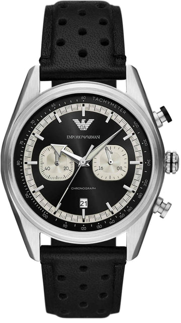 Emporio Armani Racer Chronograph Black Dial Black Leather Strap Watch for Men - AR11635