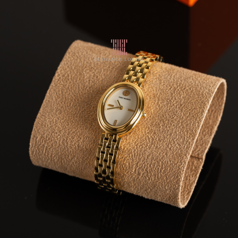 Tory Burch Oval White Dial Gold Steel Strap Watch for Women - TBW6032