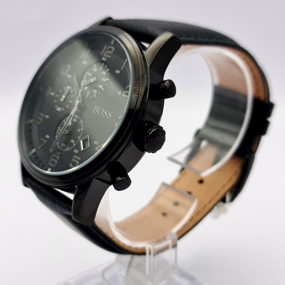  Shop Authentic Hugo Boss Aeroliner Chronograph Black Dial Black Leather Strap Watch for Men - 1512567 - Luxxuri