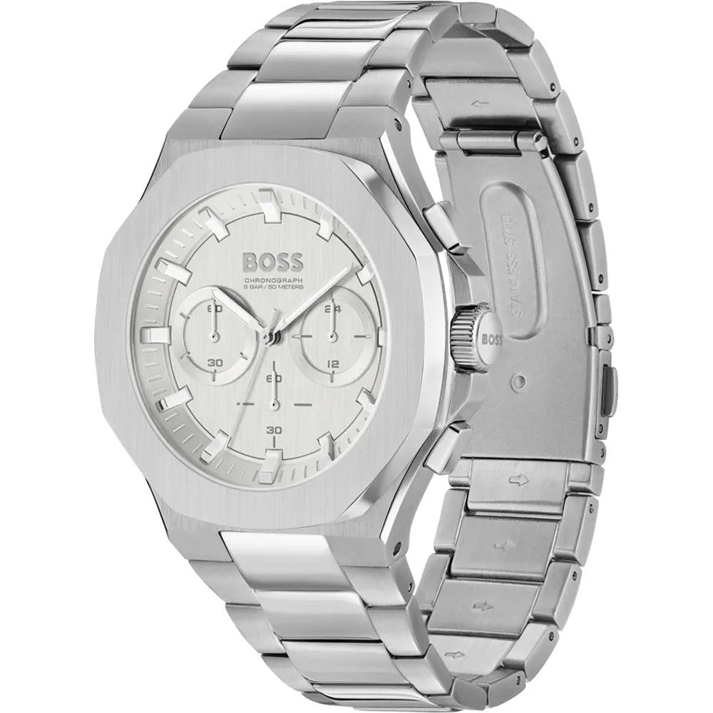 Hugo Boss Taper Chronograph White Dial Silver Steel Strap Watch for Men - 1514087