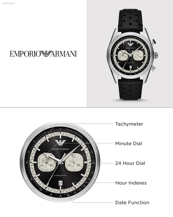Emporio Armani Racer Chronograph Black Dial Black Leather Strap Watch for Men - AR11635