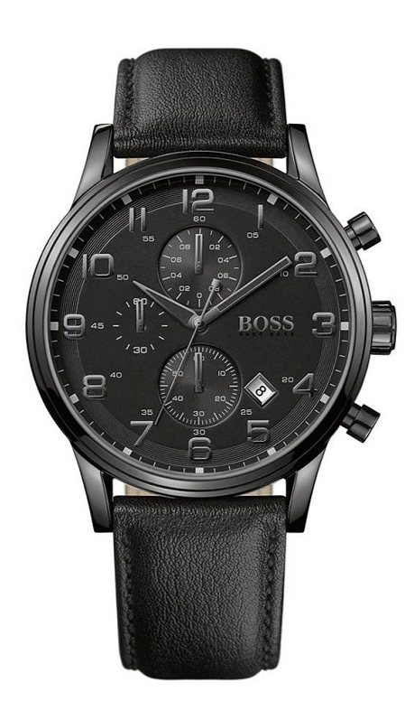  Shop Authentic Hugo Boss Aeroliner Chronograph Black Dial Black Leather Strap Watch for Men - 1512567 - Luxxuri
