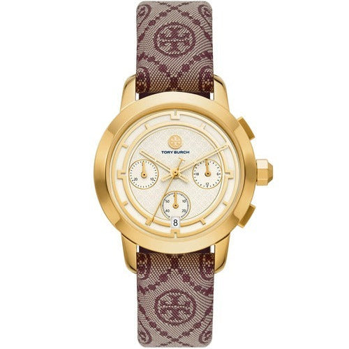 Tory Burch The Tory Chronograph White Dial Maroon Jacquard Strap Watch for Women - TBW1051