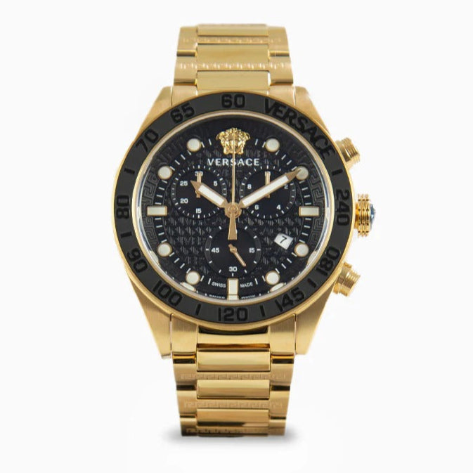  Shop Authentic Versace Greca Dome Chronograph Black Dial Gold Steel Strap Watch for Men - VE6K00523 - Luxxuri