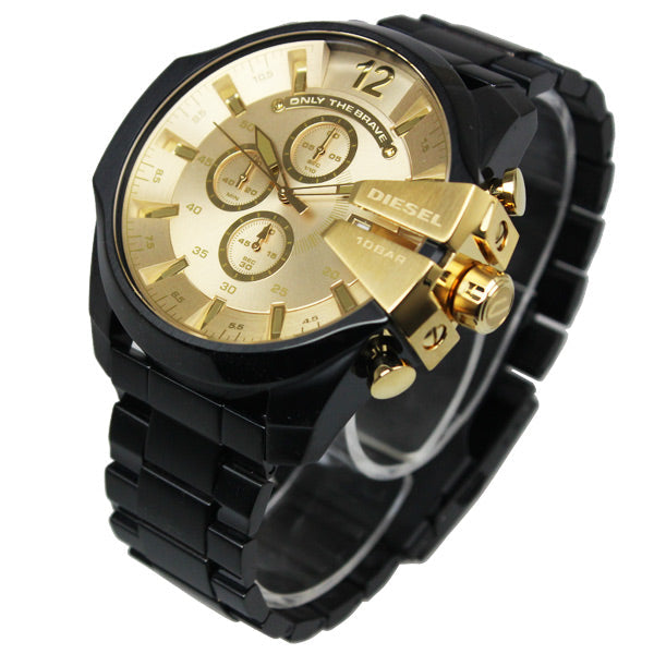  Shop Authentic Diesel Mega Chief Chronograph Gold Dial Black Steel Strap Watch For Men - DZ4485 - Luxxuri