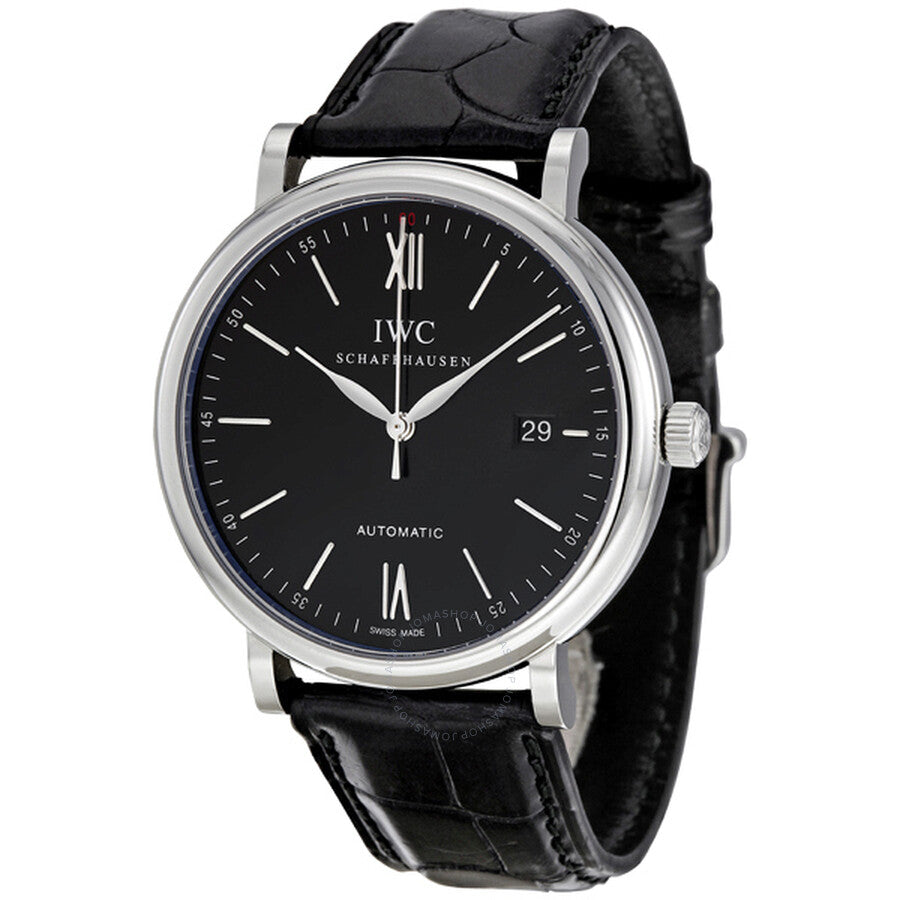 IWC Portofino Automatic Black Dial Black Leather Strap Watch for Men - IW356502