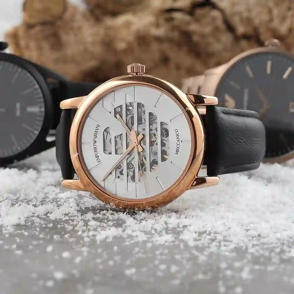  Shop Authentic Emporio Armani Meccanico Skeleton Silver Dial Black Leather Strap Watch For Men - AR60031 - Luxxuri