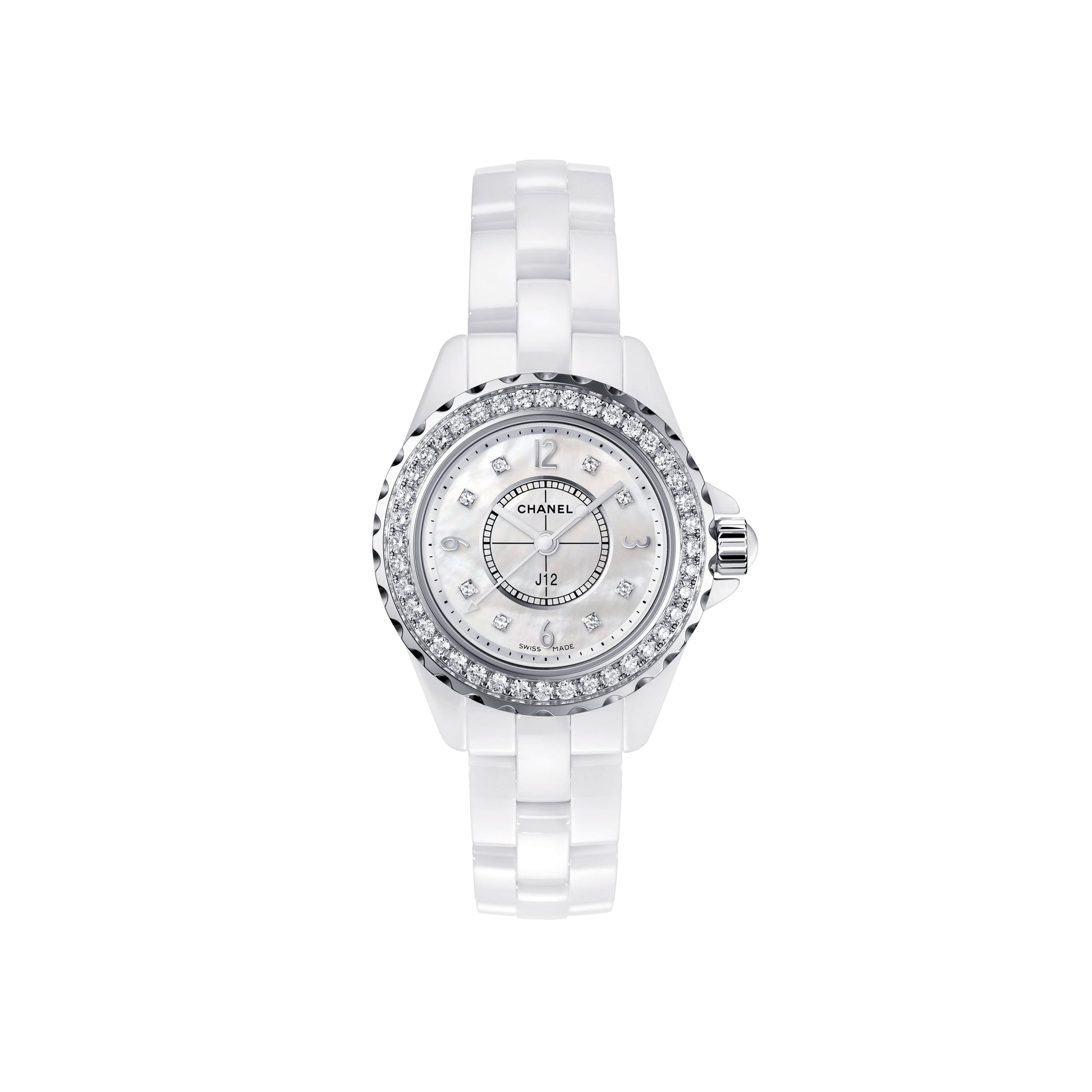  Shop Authentic Chanel J12 Diamonds Mother of Pearl White Dial White Steel Strap Watch for Women - J12 H5704 - Luxxuri