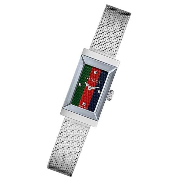  Shop Authentic Gucci G Frame Quartz Diamonds Green & Red Mother of Pearl Dial Silver Mesh Bracelet Watch For Women - YA147510 - Luxxuri