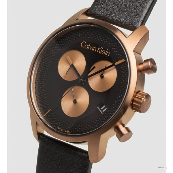  Shop Authentic Calvin Klein City Chronograph Black Dial Black Leather Strap Watch for Men - K2G17TC1 - Luxxuri