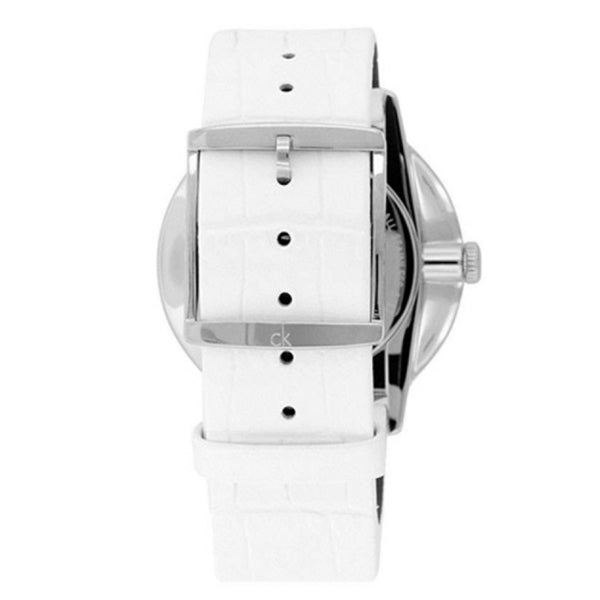  Shop Authentic Calvin Klein Accent Silver Dial White Leather Strap Watch for Women - K2Y2X1K6 - Luxxuri