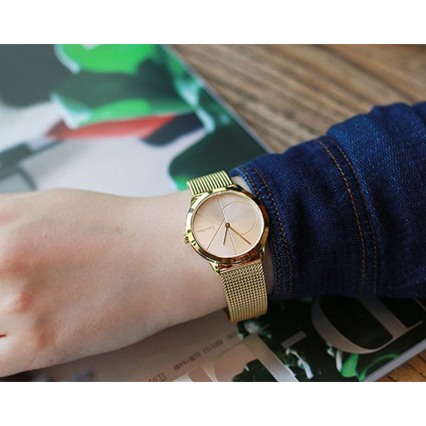  Shop Authentic Calvin Klein Minimal Silver Dial Gold Mesh Bracelet Watch for Women - K3M22526 - Luxxuri