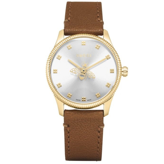  Shop Authentic Gucci G Timeless Quartz Silver Dial Brown Leather Strap Watch For Women - YA1265022 - Luxxuri
